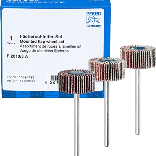 PFERD Fächerschleifer-Set F, 3-tlg. / Korund Ø20x10mm Schaft-ø 3mm A80, 120, 180 / 44498030 – für Feinschliff & Finish mit dem Geradschleifer oder Biegwellenantrieb
