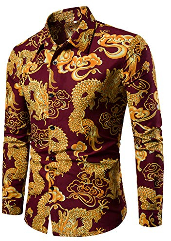 Take Idea Chemise de loisirs pour homme - Motif dragon chinois - Coupe droite - Manches longues - Couleurs contrastées - Chemise fonctionnelle urbaine - Chemises d'affaires pour toute la saison,
