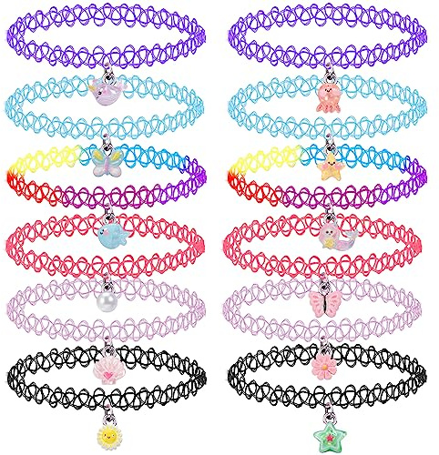 12 st choker halsband set för barn tonåringar flickor kvinnor, hänge charm enhörning regnbåge panda katt hjärta blomma sjöjungfru chokers henna tatuering stretch elastisk svart rosa grön blå röd, Zink
