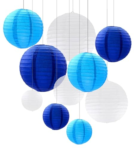 ZYOOO 10 Stück Blau Weiße Papierlaterne Lampion rund Lampenschirm (Set 3 Farben à 25cm, 20cm，15cm,10cm) Lampions Hochzeit,Deko Gartenparty,Bride to Be Deko