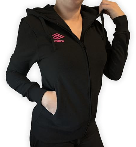 Umbro - Felpa da Donna Garzata Invernale in Caldo Cotone con Cerniera, con Cappuccio, Tuta Donna in Cotone Felpato, Sportiva, Casa, Palestra, Jogging, Tempo Libero (XL, Nero)