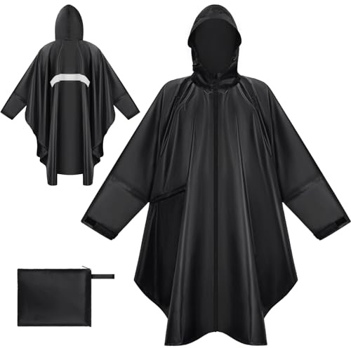 BTNEEU Poncho Antipioggia Impermeabile Donna Giacca Antipioggia Uomo con Cappuccio e Maniche e Tasca Riutilizzabile Mantella da Pioggia Lungo per Trekking Campeggio Pesca (Nero)