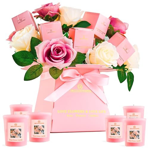 DECO EXPRESS Scented Candle Gift Set with Flowers, Ladies Bouquet Roses and Candle Box Women's Gifts Valentines Day Bday (Pink/White)
