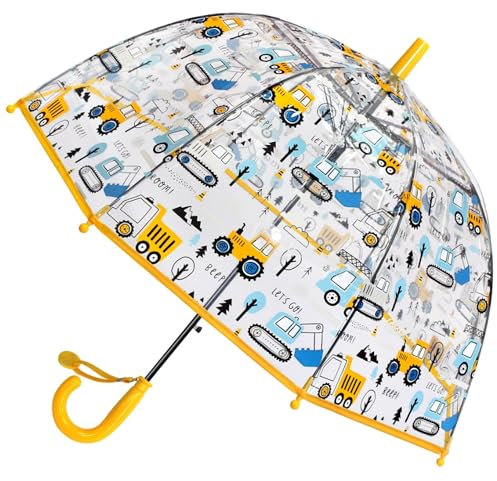 Kinder Clear Bubble Regenschirm Transparente Kuppel Durchsichtige Kinder-Regenschirme für Jungen und Mädchen mit kneifsicherem Verschluss und griffigem Hakengriff (Gelber Baggerr)
