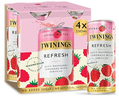 Twinings Refresh - Raspberry & Lemon Flavoured Sparkling Tea-Refreshing Fruity Beverage(4X250ml Cans)-No Added Sugar, Low in Caffeine/Calorie, Healthy Alternative,Antioxidant Rich,Vegan,Gluten Free
