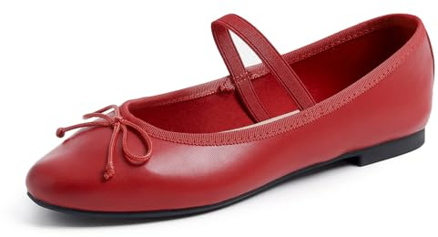 Feversole Women's Soft Elastic Round Toe Ballet Flat,Ballerina a Punta Tonda per Donna Mary Jane in Pelle vegana Rossa con Rivestimento in Tela 39 EU