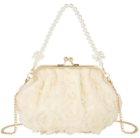 Pandalein Damen Blumen Clutch Seide Abendtasche Brauttasche Kleidertasche Handtasche mit Perlen Henkel Kette für Hochzeit Wedding Prom Party (00070 Beige)