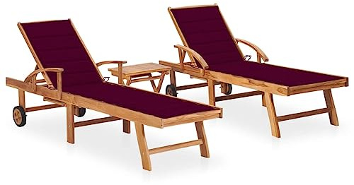 Transat Jardin, 2 Chaises Longues en Bois de Teck Massif avec Table et Coussins, Dossier Réglable 3 Positions, Transat Jardin Exterieur, Bains de Soleil,Balcon, Coussin Rouge Vin, 195 x 59.5 cm