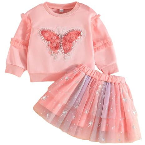 Kunyeah 2 st sweatshirt för babyflickor tutu klänning småbarn fjäril pullover topp med tyllkjol söt långärmad kläder outfit, Rosa, 4-5 År