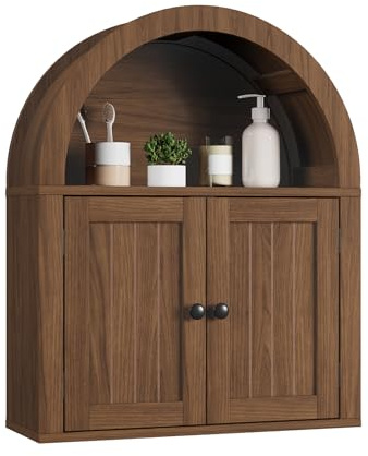 ChooChoo Arched Wall Cabinet, Bathroom Cabinet Wall Mount Over The Toilet with Display Shelf, Double Door Medicine Cabinet, Wooden Storage Cabinet for Kitchen, Living Room or Entryway, Walnut