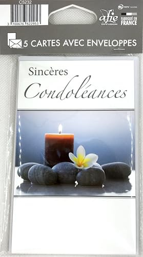 C5232 Lot 5 Cartes Sincères Condoléances + 5 Enveloppes Blanches Format 9x14cm Bougie Fleur Galets Zen Repos Design sobre élégant mixte -Pour Obsèques Funérailles Enterrement Deuil -Fabriqué en France