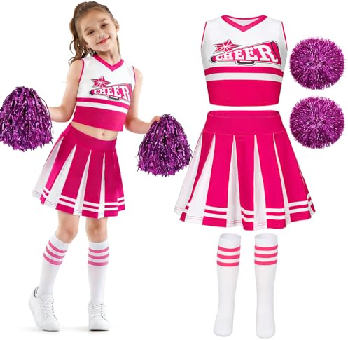 SilverChry Déguisement Pompom Girl Enfant, Costume carnaval Fille Avec Guirlande, Jupe Et Chaussettes, Déguisement Carnaval fille, Parfait pour Soirée, Compétition, Journée Sportive (Rose, 130)
