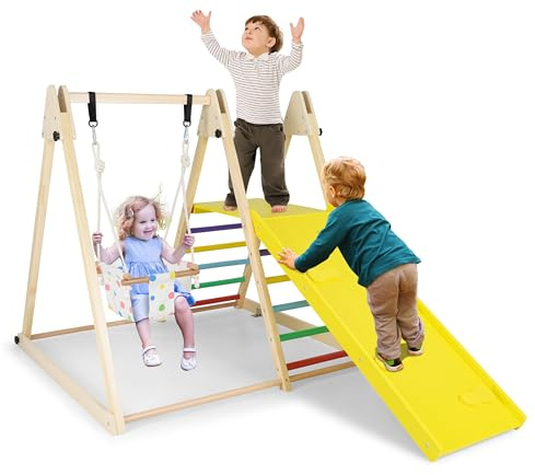 COSTWAY Parque Infantil 4 en 1, Estructura de Escalada con Columpio para Bebés, Plataforma de Descanso, Rampa y Escalera, Tobogán Infantil Montessori de Madera para Niños de 1+ Años (Multicolor)