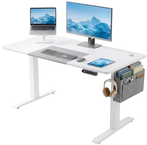 Blisswood Computer Standing Desk, Electric Height Adjustable 120 × 60cm, Sit Stand Office Desk with Memory Smart Panel, Industrial Design PC Gaming Metal Frame Table, Home Writing Workstation, White