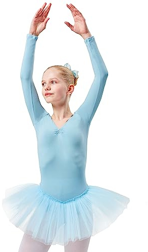 tanzmuster Kinder Ballett Tutu Romy - Langarm Ballettbody mit Tuturock und Glitzersteinen in hellblau, Größe:164/170