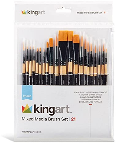 KINGART 21-Piece Artist Paint Brush Set, Flat & Round Painting Brushes Kit for Canvas, Watercolor & Fabric - Beginners & Professionals - Great for Water, Oil or Acrylic Painting