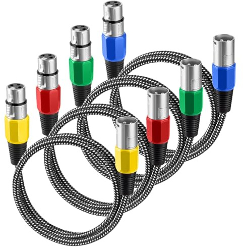 KINXIYU XLR Cable 3 FT/4 Pack, Microphone Cable 3 Pin Nylong Braided Balanced XLR Male to Female Heavy Duty Mic Patch Cords (Pure Copper Conductors)