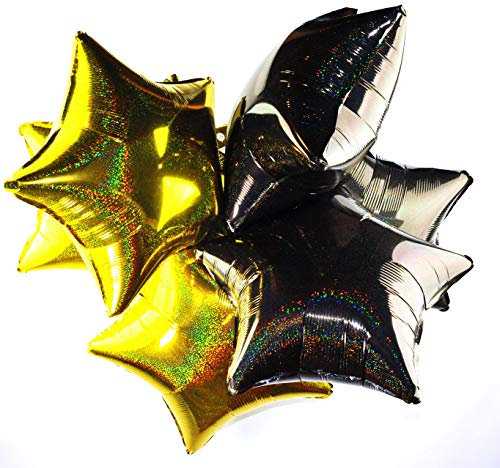 Happium Star Holographic Foil Balloons Pack of 6 Helium 18 Inches Star Balloons Foil Balloon Set for Birthday Party Graduation Baby Shower Wedding Anniversary Party Decorations (Black, Gold)