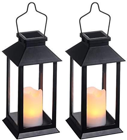 Lanterna Solare Giardino Esterno, 2 Pezzi LED Luci Solari Giardino, Effetto Candela Lampade da Esterno IP44 per Prato,Decorativo LED Lampade Solari (Nero)