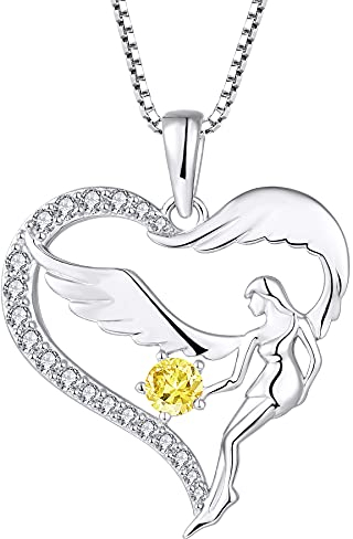 FJ Herz Schutzengel Halskette Damen 925 Sterling Silber Engelsflügel Kette Anhänger Citrin November Geburtsstein Halskette Schmuck Geschenke für Frauen Mädchen
