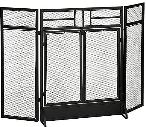HOMCOM Salvachispas Plegable Pantalla Protectora de Chimenea de 3 Paneles con Doble Puerta y Pies Adicionales 120x11,5x79 cm Estructura de Metal Negro