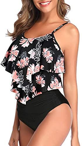 Genfien Damen Badeanzug Rüschen Zweiteilige High Waist Bikini mit Hoher Taille Bademode Volant Bedruckt Badeanzug