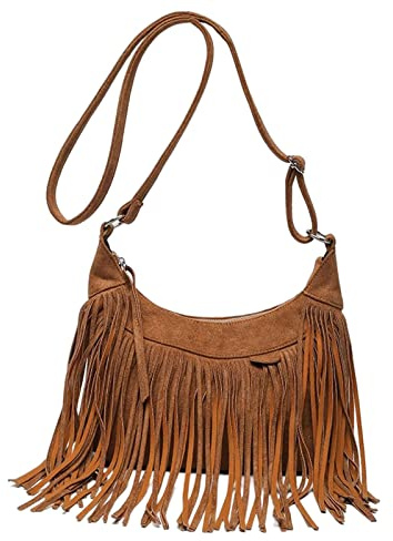 F Fityle Sac à Main Femmes Épaule Gland Frange Rétro Style Fourre-Tout Avec Sangle Réglable pour le Travail, Brun Clair