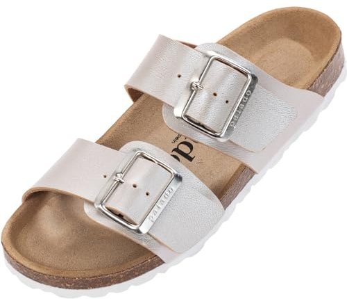Palado Pantoletten Damen Samos EGS - bequeme Sandalen Made in Spain - Hausschuhe mit dämpfendem Kork-Fußbett - modische Sommerschuhe Rose Metallic UK9 - EU42