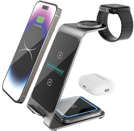 OVERMUST - Chargeur Wireless 3 en 1 | Recharge Simultanée iPhone Samsung AirPods Apple Watch | Design Compact Aluminium | Sécurité et Ventilation Optimale, Gris, Métal