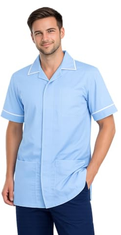 Skywear Men's Medical Healthcare Tunic, Nurse Hospital Dentist Uniform, Sky Blue with White, 3XL