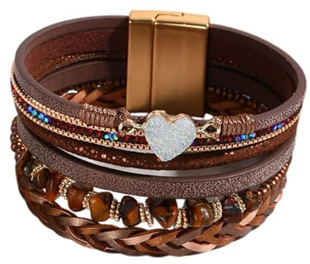 KunBead Sparkly Heart Brown Leather Wrap Bracelets for Women Handmade Braided Boho Multilayer Magnetic Buckle Bracelet Wristband Cuff Bangle