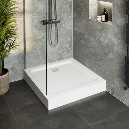 Hydrolux® 1000 x 1000 x 140mm White Bathroom Shower Tray for Enclosures Cubicles & Wet Room with Chrome Waste + Riser Kit, Square