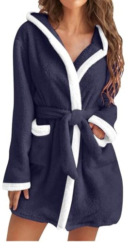 Womens Fuzzy Robes Hooded Short Robe Fall Winte Mid Length Bathrobe Belted Soft Bath Robes Plush Robe with Pockets Winter Spa Robes Velvet Sleepwear Sashes Nightgowns