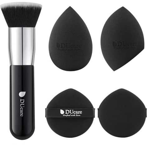 DUcare 4Pcs & 1Pc Makeup Sponges with Foundation Brush Makeup Puff Blending Foundation Sponge for Liquid BB Cream Mineral Powder Buffing Stippling