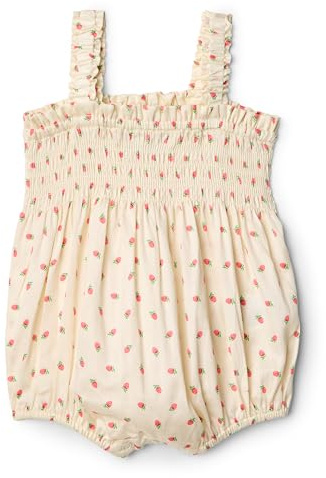 Amazon Essentials x Sofia Grainge Baby Girls' Woven Sleeveless Ruffle Romper, Bright Pink Little Strawberries, 12 Months