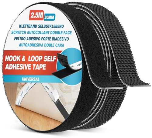 EMITEVER Feltro Adesivo Forte Biadesivo, Hook & Loop Autoadesivo, Riutilizzabile Strappo Nastro Biadesivo per Tessuti, Moquette, Fai da te, Uso Domestico e Ufficio (Nero, 2.5mX20mm)