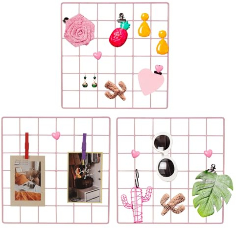 PATIKIL 12x12 in Wall Grid Panel, 3 Pack Wire Grid Panel Shelf Board Metal Gridwall Photo Pictures Display Hanging Organizer Mesh Frame Memo Board for Display DIY Craft Shows Home, Pink