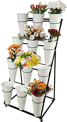 Espositore per Piante a 4 Ripiani con Ruote e secchi - Carrello portafiori Mobile per Interni/Esterni, Versatile Organizer per Giardino e Patio, portapiante Bianco per Una Facile Cura delle