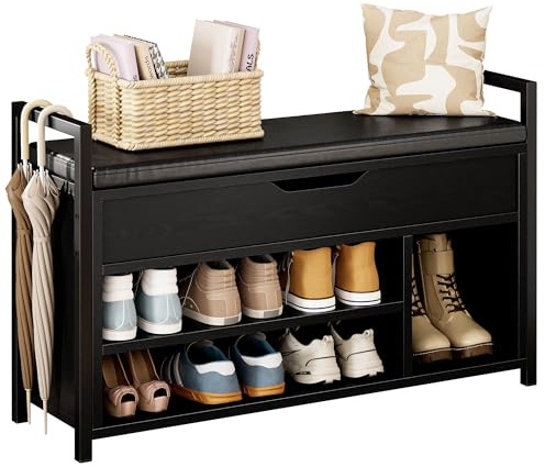 IRONCK Schuhbank mit Sitzfläche, Sitzbank mit Stauraum, Schuhschrank,100x30x62cm, 3 offene Fächer, Kunstleder, 130kg belastbar, Schuhregal für Eingang,Flur,Wohnzimmer,Schlafzimmer (Schwarz)