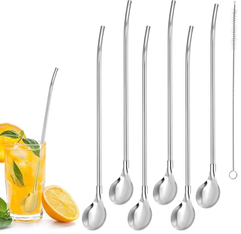 TIESOME 6 cucchiai per cannuccia, in acciaio inox, cucchiai lunghi, riutilizzabili 2 in 1, con spazzola per la pulizia, per latte macchiato e cocktail