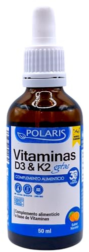 Polaris Vitamina D3 y K2 Líquida 50ml - Gotas de Alta Absorción (1000 UI de D3 y 90mcg de K2 por dosis) - Salud Ósea, Inmune y Cuidado de la Piel - Sabor Naranja