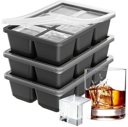 Bukecagif Stor isform, 3 st form och behållare med lock, fyrkantig isform för cocktails och stora kuber, 1,8 tum stora kuber