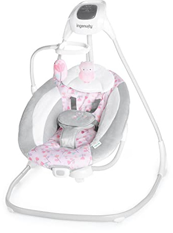 Ingenuity SimpleComfort Lightweight Compact 6-Speed Multi-Direction Baby Swing, Vibrations & Nature Sounds, 0-9 Months 6-20 lbs (Pink Cassidy)