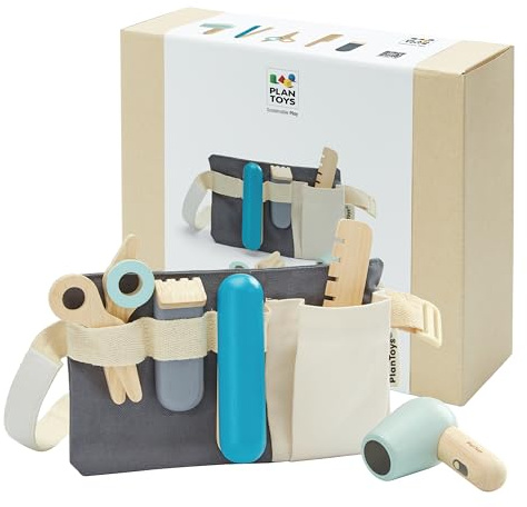 PlanToys® Wooden Hair Dresser Kit for Kids | Includes Scissors, Hair Dryer, Comb, Straightener, Clippers & Belt Bag | Pretend Salon Role Play Toy | Montessori Barber Play Kit for Kids