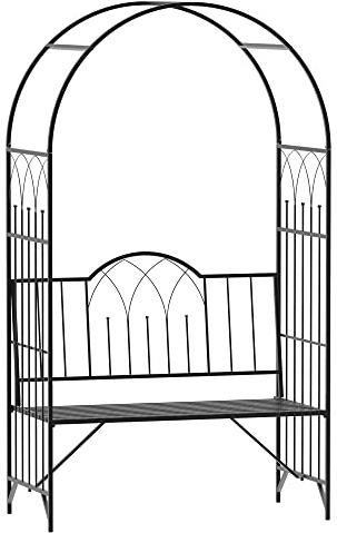 Outsunny Garden Metal Arch Bench Outdoor Patio Rose Trellis Arbour Pergola for Climbing Plant Antique Style 2-Seater Chair, Black