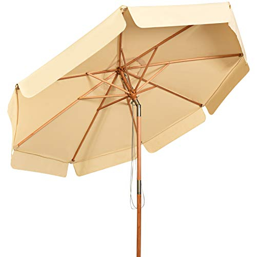 GOPLUS Sonnenschirm Holz 300cm, Gartenschirm beideseitig um 30° knickbar, UV 50+, Terrassenschirm, Marktschirm, Balkonschirm, Strandschirm mit 8 Rippen, Tischschirm für Garten Balkon Hof (Beige)