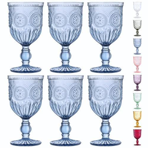 Yungala Blue-Wine-Glasses-Sunflower-Set-6 Blue Wine Glasses Set of 6 Vintage Hobnail Goblets 10 oz Dishwasher Safe