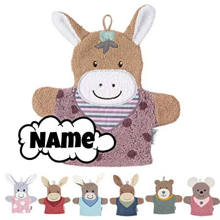 Sterntaler Waschlappen Kinder personalisiert | Waschhandschuh | Waschlappen Frottee mit Namen bestickt | 100% Baumwolle | Baby Geschenke (Pauline Esel flieder)