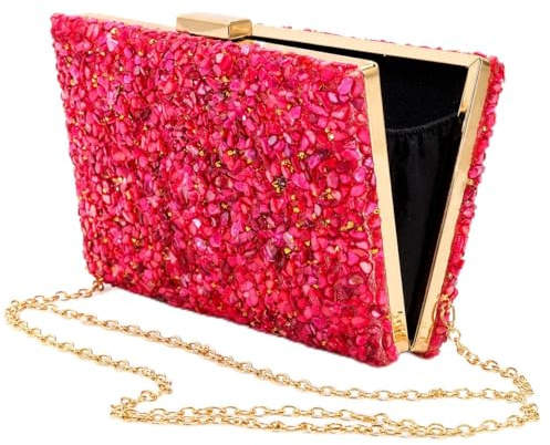 la monsita Bolso de Fiesta Fucsia con Pedrería, Bolso Clutch con Brillo y Cadena Dorada para Colgar al Hombro