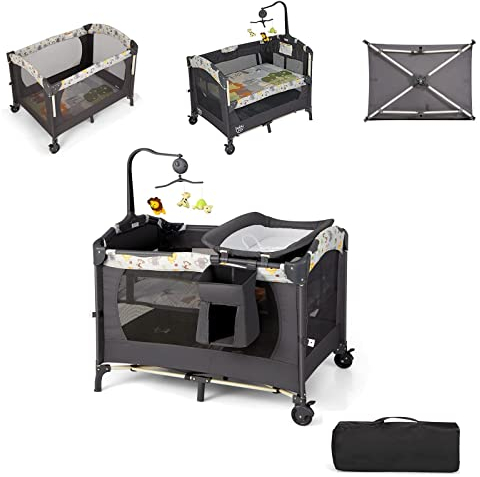 COSTWAY 4 in 1 klappbares Reisebett & Beistellbett & Wickeltisch & Laufstall, 2 Ebenen Babybett höhenverstellbar mit Tragetasche, Matratze & Spieluhr, Mobile Stubenwagen, 15 kg belastbar (Dunkelgrau)
